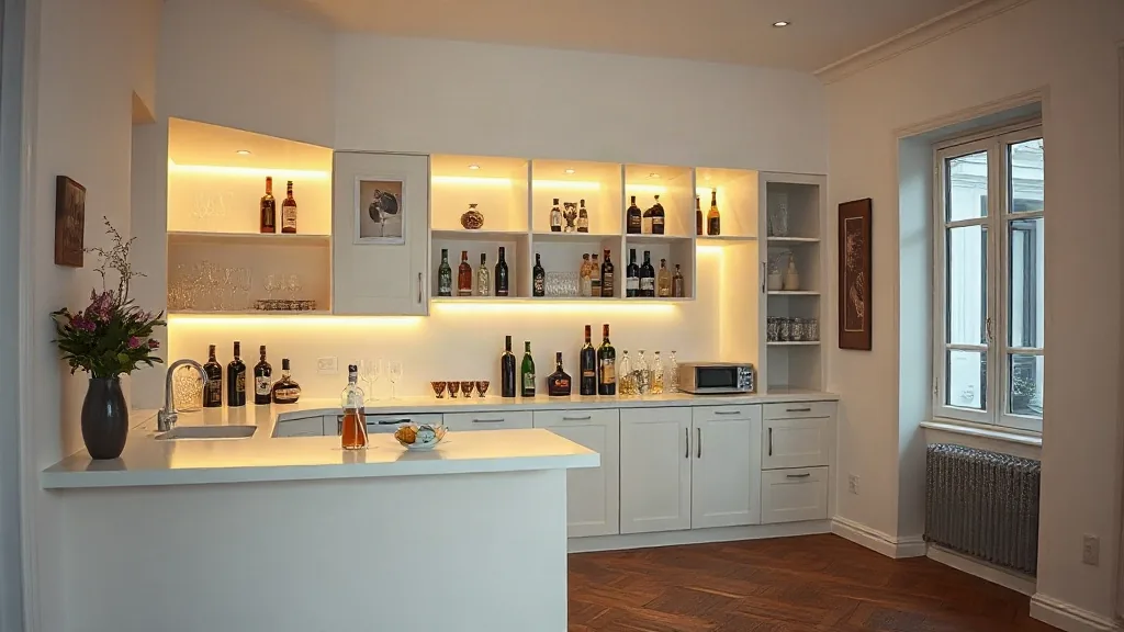 Angolo bar in lastra con banco, mensole e luce dietro le bottiglie
