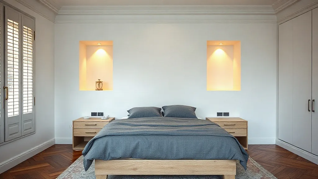Testiera in lastra dietro il letto, con due nicchie illuminate