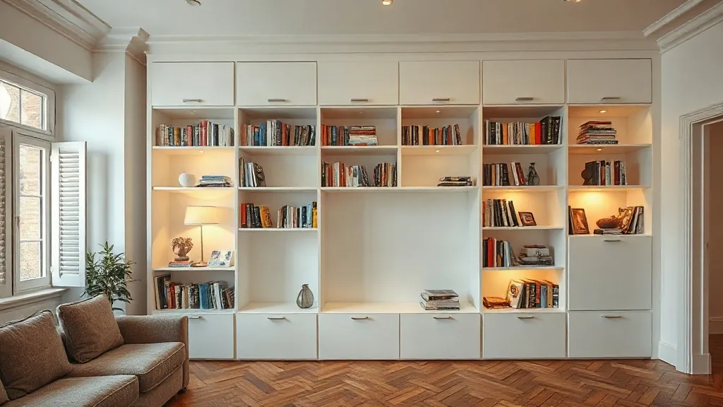 Libreria a tutta parete con i libri dentro e le luci nelle nicchie