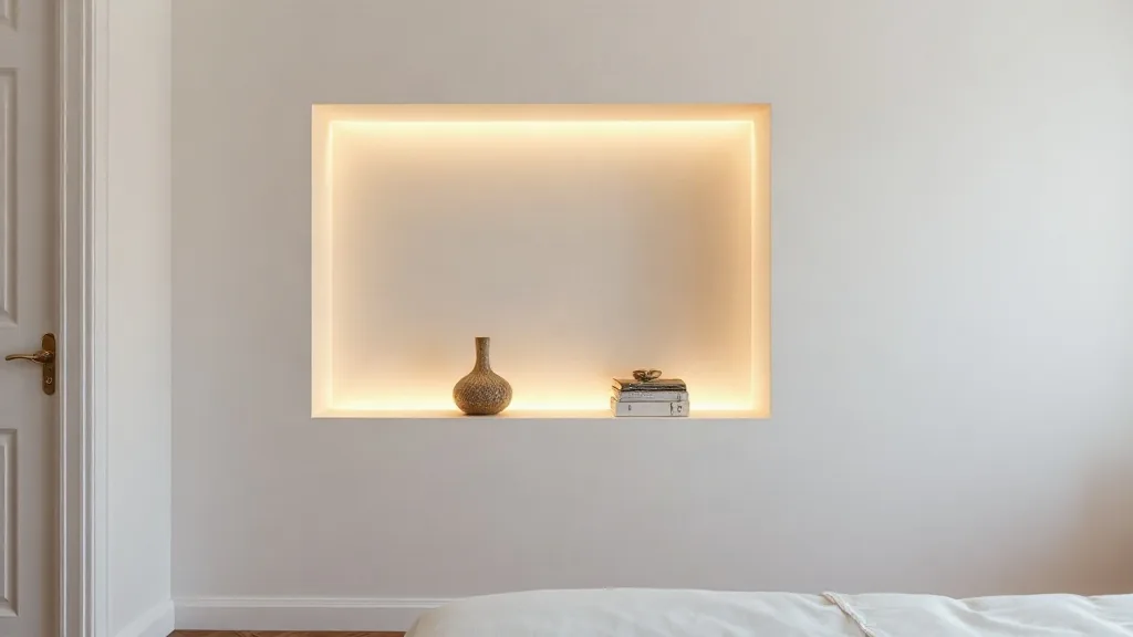 Nicchia illuminata ricavata nel muro di una camera, con un vaso e due libri
