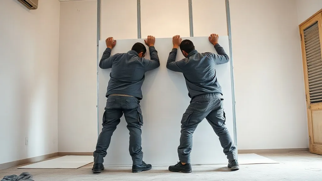 Un operaio porta una lastra sulla spalla lungo il corridoio di un appartamento