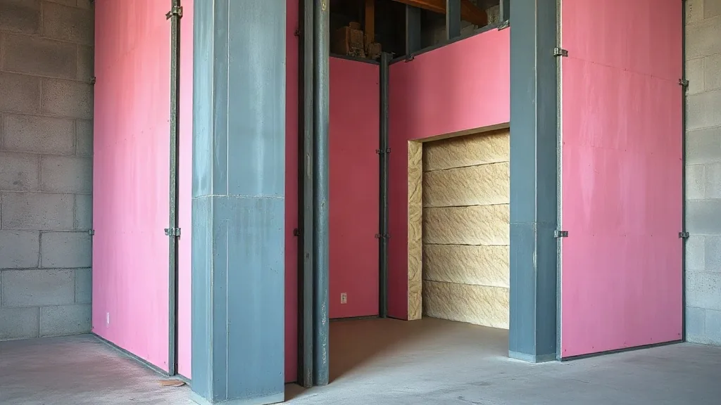 Pilastro d'acciaio rivestito con lastre rosa e lana, un lato ancora aperto