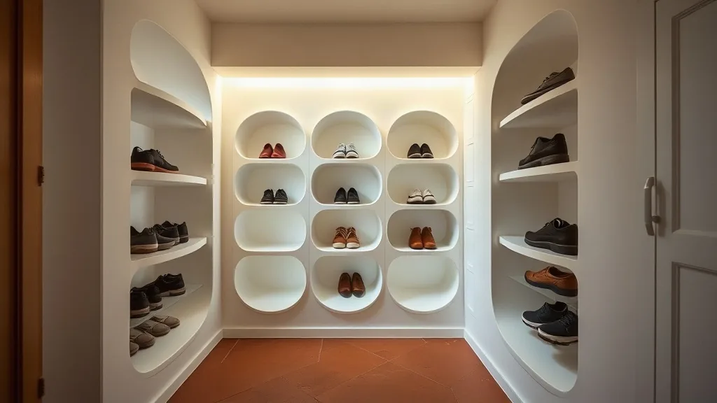 Scarpiera a muro in lastra con i ripiani inclinati e le scarpe dentro